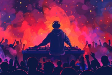 Poster - DJ performing with vibrant lights and a colorful crowd creating an energetic atmosphere