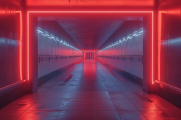 Wall Mural - Neon lit hallway with a futuristic vibe and vibrant red lights