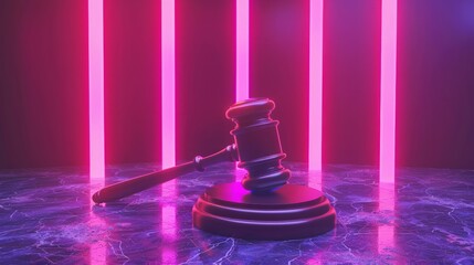 Wall Mural - 3d rendering of gavel justice neon background