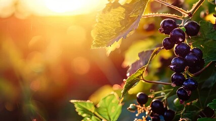 Wall Mural - Ripe blackcurrants on vine with morning sun