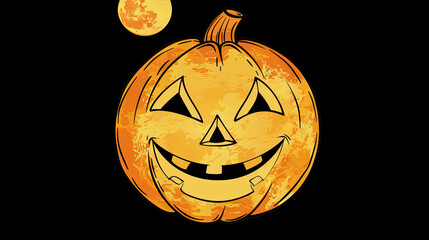 Wall Mural - Halloween  Jack-o-lantern, pumpkin with a moon behind it. In a retro paint style over black background 