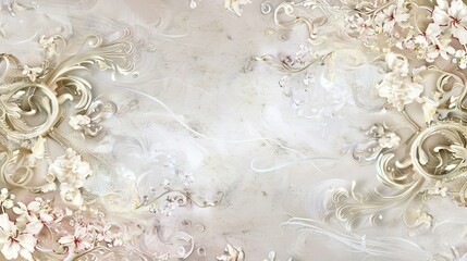 Wall Mural - Elegant Rococo Background with Soft Pastel Colors and Swirling Floral Designs and a Lavish White and Gold Frame