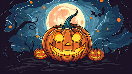 Wall Mural - Halloween cartoon Jack-o-lantern, pumpkin with a moon behind it. In a thick swirl of print. 