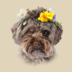 Wall Mural - Dog portrait. Cute Maltipoo with flowers on beige background