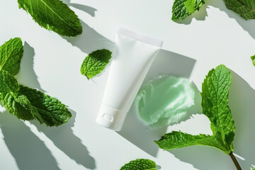 natural skincare tube with mint leaves and fresh gel