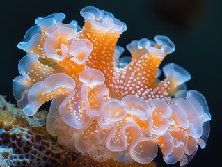 Wall Mural - A captivating underwater photograph showcasing a close-up view of a vibrant, intricately detailed coral species, displaying stunning hues and textures in a marine environment