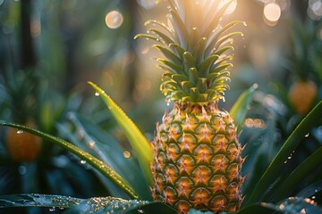 Wall Mural - A close-up image of a ripe pineapple fruit adorned with morning dew, captured in its natural habitat with sun rays filtering through the leaves in a tropical setting