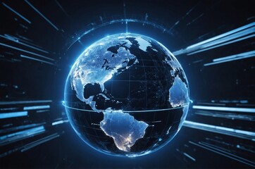Wall Mural - Digital globe with glowing blue outline and grid surrounded lines of light on dark background