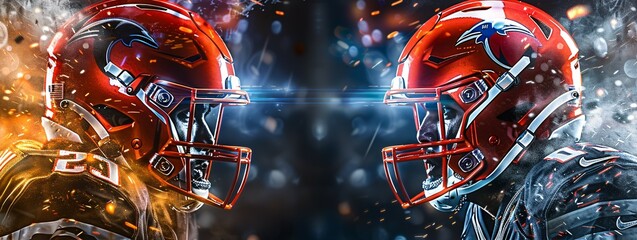 Wall Mural - American football helmets in head-to-head challenge poster.