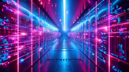 Wall Mural - Abstract futuristic technology abstract background with lines for network, big data, data center, server, internet, speed. dark blue and pink neon lights into digital technology tunnel 