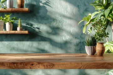 A wooden table with a vase of plants on it. The plants are in two vases, one on the left and one on the right. The table is empty, with no other objects on it. The room has a modern