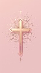 Wall Mural - Minimalistic design featuring a golden cross on a pink background, creating an elegant and spiritual composition for  prayer card.