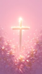 Wall Mural - Minimalistic design featuring a golden cross on a pink background, creating an elegant and spiritual composition for  prayer card.