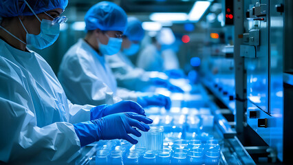  Worker with blue gloves handling products on a pharmaceutical production line in a cleanroom environment, showcasing the precision and care in modern medicine manufacturing. 

