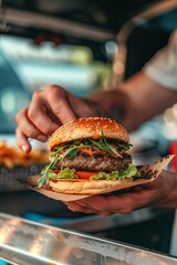 Wall Mural - AI generated illustration of a delicious gourmet burger being served from a food truck