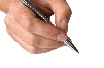 Closeup person hand writing with a pen isolated cutout on transparent