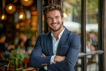 Wall Mural - Confident Young Man Standing Outside a Coffee Shop