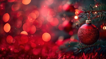 Sparkling Red Christmas Tree with Ornaments and Bokeh Lights