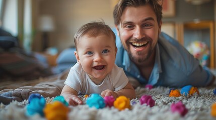 father bonding with baby during playtime on living room floor concept parenting fun father baby play bonding activities living room playtime 