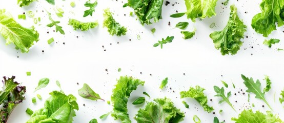 Wall Mural - Fresh green leafy vegetables on white background with copy space, flat lay, top view, healthy eating concept