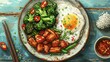 © CHAKKAPONG - A vibrant and healthy plate of stir-fried broccoli, crispy pork, and vegetables with oyster sauce and bird's eye chilli, served with a side of rice and a fried egg, illustration background