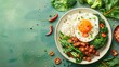 © CHAKKAPONG - A vibrant and healthy plate of stir-fried broccoli, crispy pork, and vegetables with oyster sauce and bird's eye chilli, served with a side of rice and a fried egg, illustration background