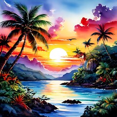 Sticker - A vibrant sunset over a tropical island with palm trees, a calm ocean, and birds flying in the sky