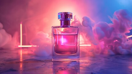 Wall Mural - Modern Perfumery Bottle with Neon Light Background Mock-Up - Blank Glass Perfume Bottle for Fragrance