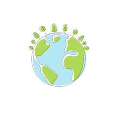 Sticker - Recycle concept. Green earth with the trees. Sustainable of Green ecology and environment concept. Line art style vector illustration.