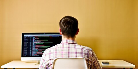 person seen from the back on the computer, a software developer