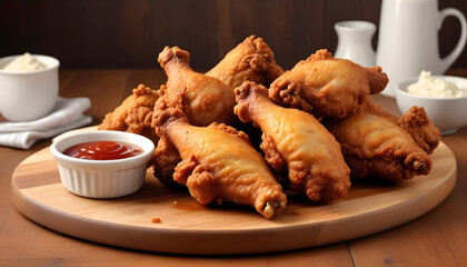 Wall Mural - Crispy fried chicken on a wooden cutting board on white background 1