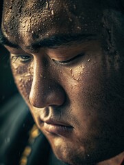 Wall Mural - Portrait of a young male athlete sweating after a workout. AI.