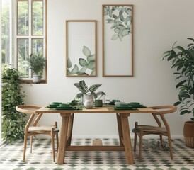 Canvas Print - Botanical theme dining room with green accents. AI.