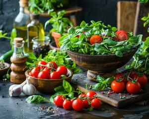 Wall Mural - Fresh salad with tomatoes, basil, and olive oil. AI.