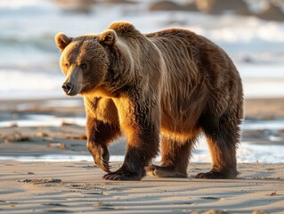 Sticker - A large brown bear walks along the beach. AI.