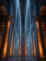 Canvas Print - Ancient Greek temple with marble columns illuminated by a spotlight. AI.