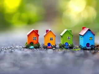 Poster - Four colorful miniature houses sit in a row against a blurred background. AI.