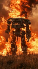 Poster - A  robot stands in a field of fire. AI.