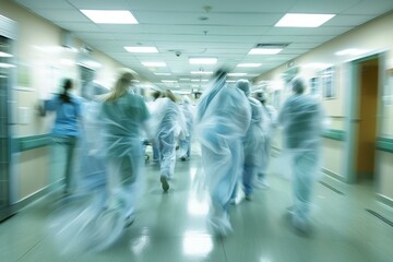 Poster - Blurred motion of hospital staff rushing down a corridor. AI.