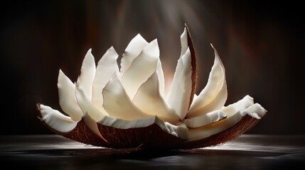 Canvas Print - Coconut cut in half and arranged to resemble a flower. AI.