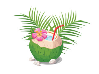 Wall Mural - Coconut juice in half fruit with flower and leaf isolated on white background. EPS 10 vector illustration