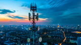 Telecommunication tower with 5G cellular network antenna on city background