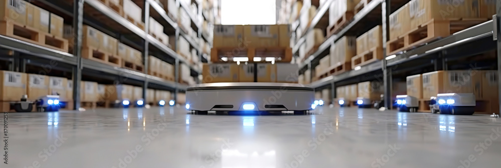 Automated guided vehicles in warehouse: Robots moving pallets within a ...