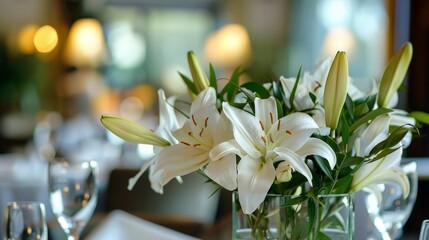 Wall Mural - A bouquet of lilies graces the table, their white petals and delicate scent bringing a touch of elegance to the room.