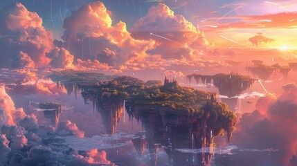 Wall Mural - Podium in a fantasy landscape with floating islands and colorful skies, illustration background