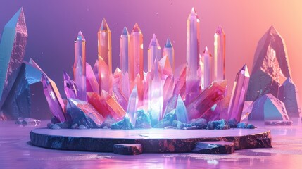 Wall Mural - Podium surrounded by floating, colorful crystals, illustration background