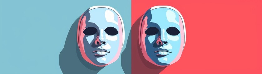 Abstract art image of two masks, one on a blue background and the other on a red background, portraying contrast and expression.