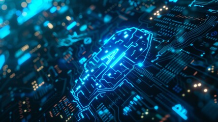 Wall Mural - a close up of a circuit board with blue lights. ai.