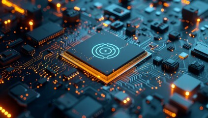 Wall Mural - a close up of a computer chip with an illuminated logo. ai.