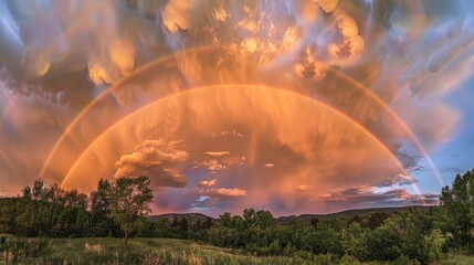 Wall Mural - A sky painted with the hues of a double rainbow after a rainstorm is a rare and beautiful reminder of wonders.